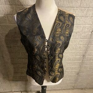 Vintage Tahari Black Metallic Gold Button Front‎ Sleeveless Paisley Vest Size 10